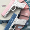 Two electric automatic water guns, one pink and one blue, are displayed on a surface with a blue tiled background.