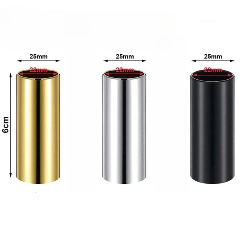 Three cylindrical guitar slide bars in gold, silver, and black stainless steel finish with 25mm diameter and 6cm length.