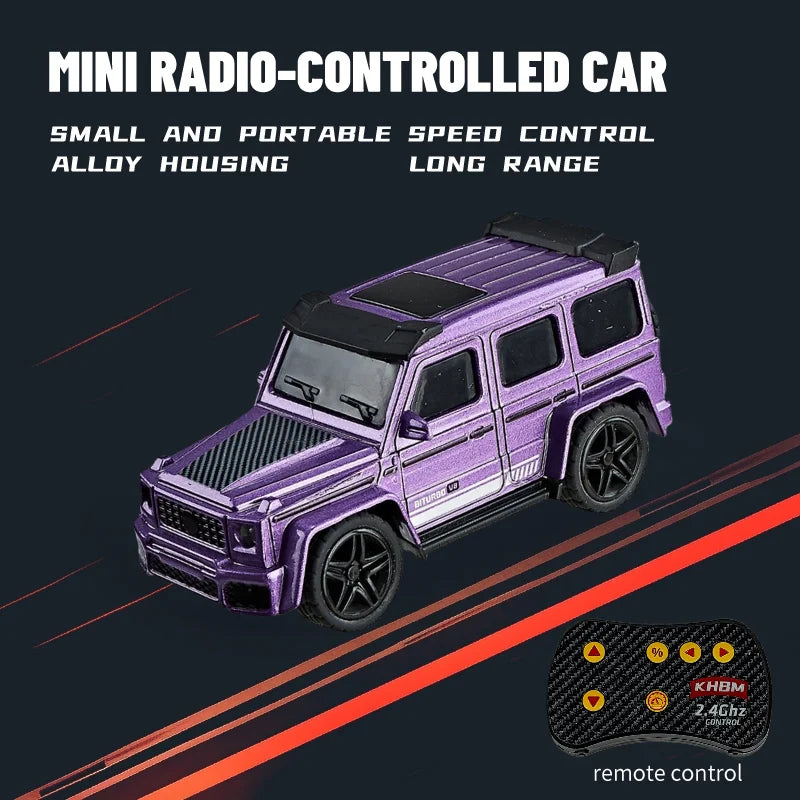 A purple mini radio-controlled car with alloy housing is shown driving on a dark surface, next to its remote control.
