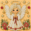 A detailed pearl and diamond painting of an angel with golden wings and a sparkling crown.