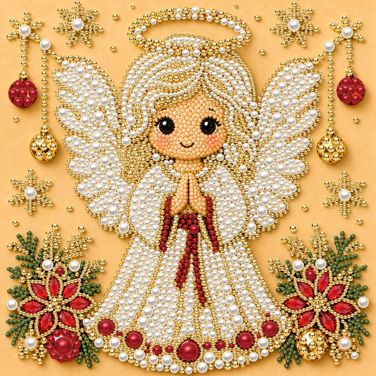 A detailed pearl and diamond painting of an angel with golden wings and a sparkling crown.