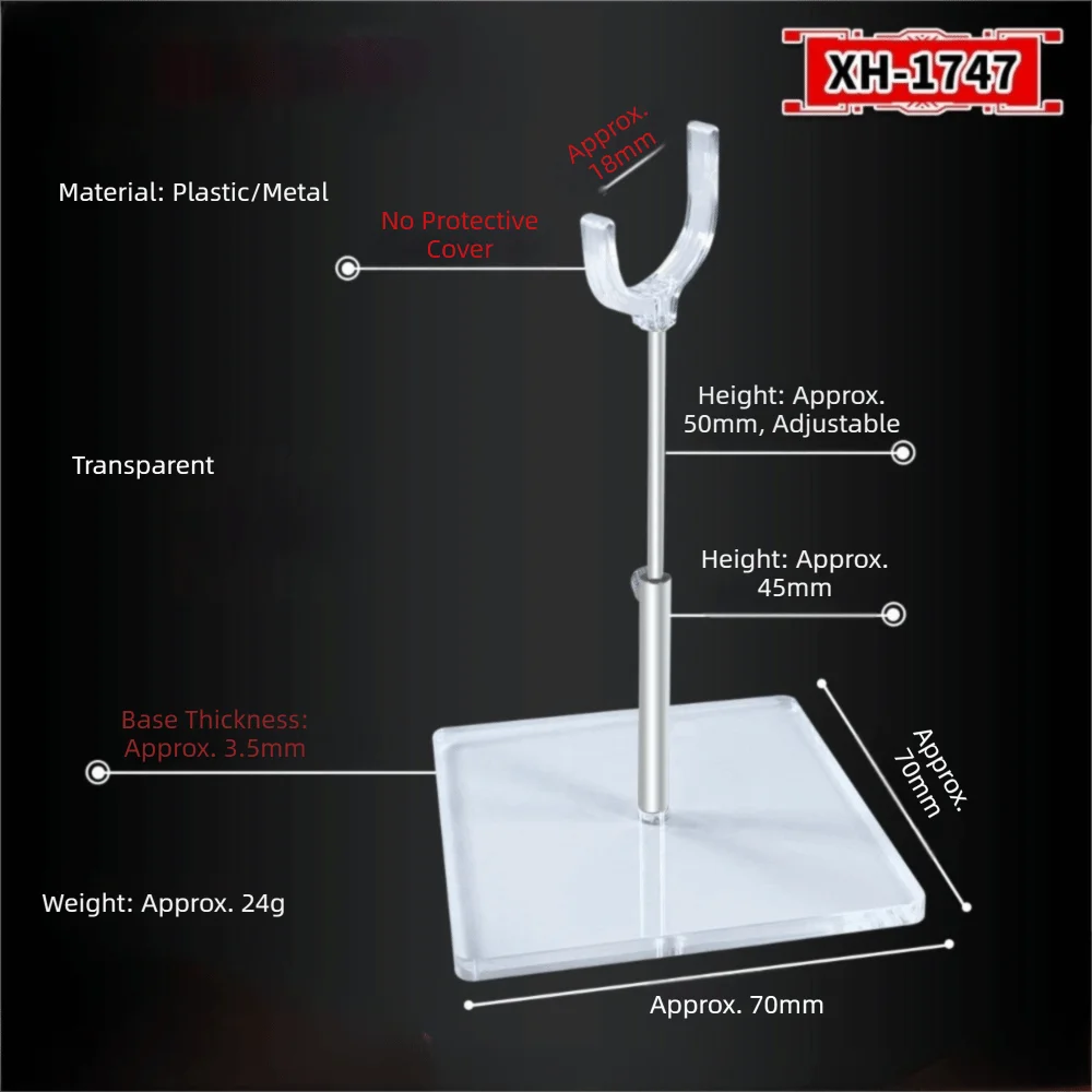 A clear plastic and metal adjustable doll display stand with a curved holder and a square base.