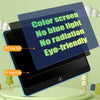 A tablet screen displaying text about color screen, no blue light, no radiation, and eye-friendly features.