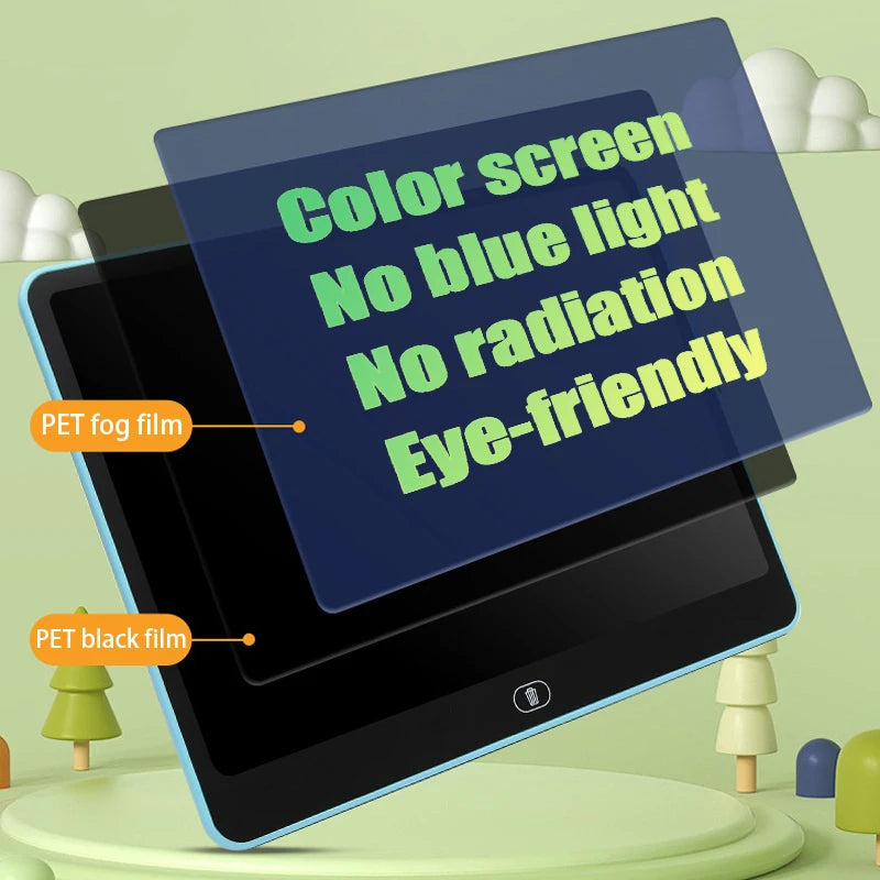 A tablet screen displaying text about color screen, no blue light, no radiation, and eye-friendly features.