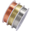 Rolls of durable copper beading wire for jewelry making in various colors like rose gold, gold, and silver.