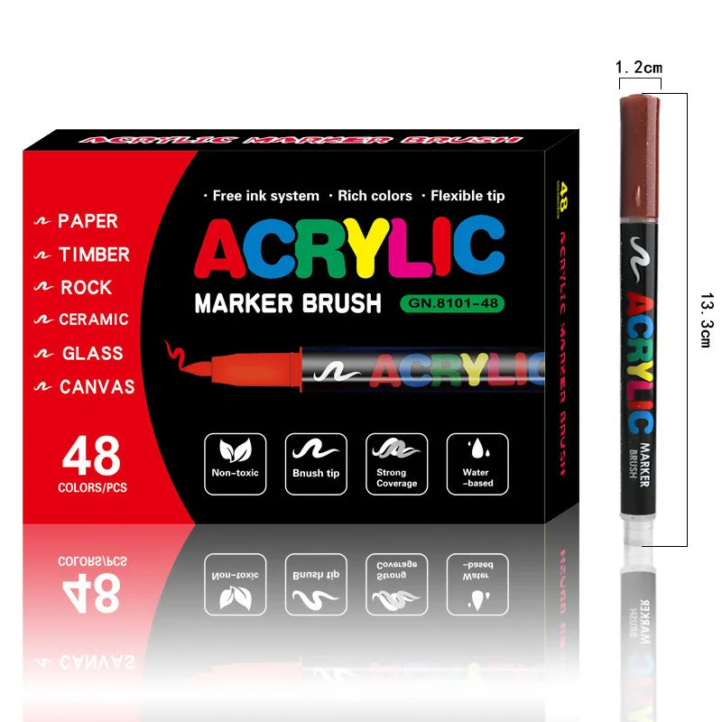 A set of acrylic marker brushes with flexible tips for various art materials like rock, stone, and ceramic.
