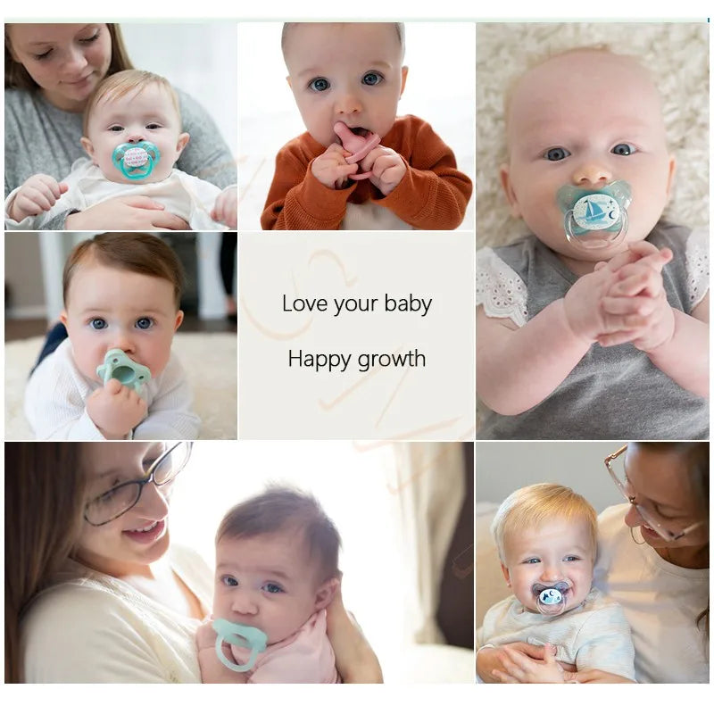 A collection of photos showing babies using a soft silicone baby pacifier soother for feeding and comfort.