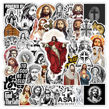 A collection of black and white Christian faith stickers featuring Jesus, saints, and religious symbols.