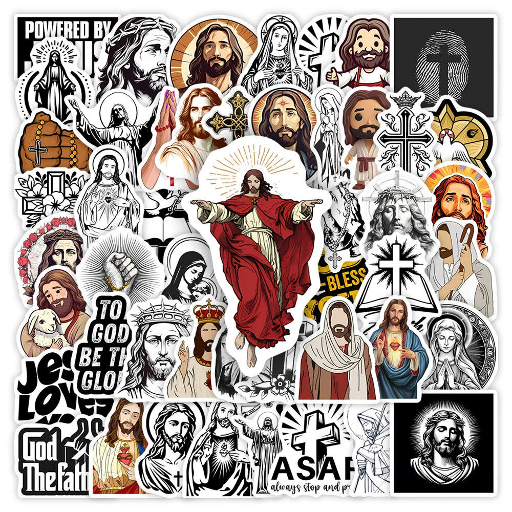 A collection of black and white Christian faith stickers featuring Jesus, saints, and religious symbols.