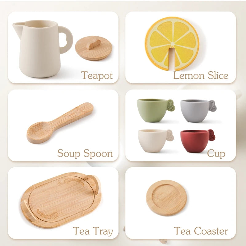 A set of wooden tea party items including a teapot, lemon slice, soup spoon, cup, tea tray, and tea coaster.