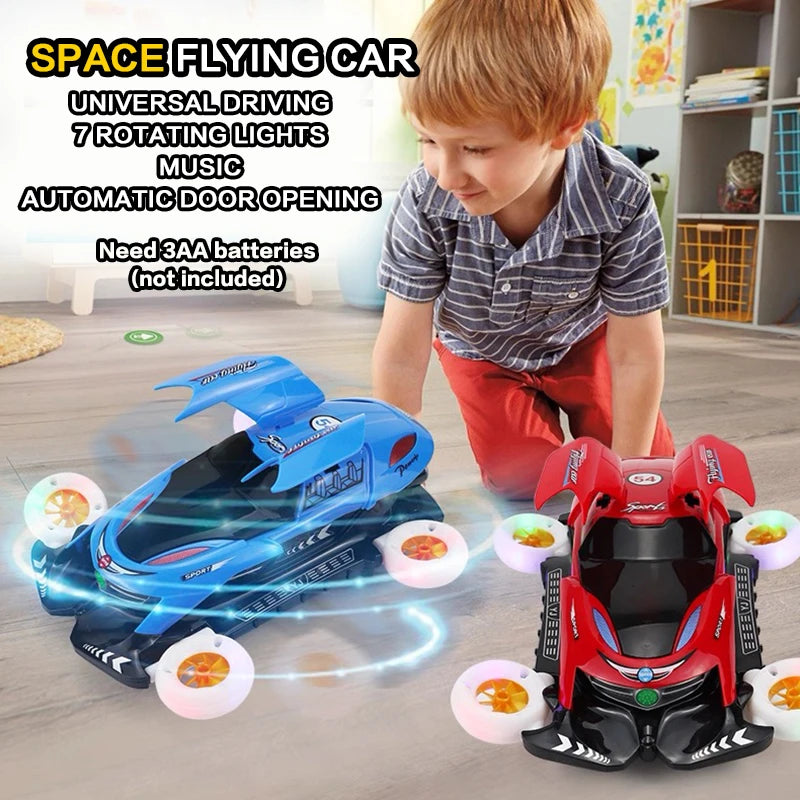 A young boy is playing with a blue and red transformable stunt car that features rotating lights and automatic door opening.