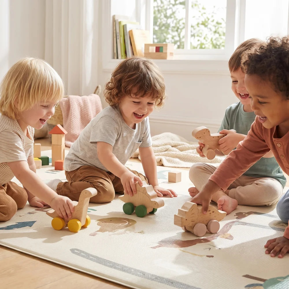 Three young children are playing with wooden dinosaur teether toys on a light-colored rug.