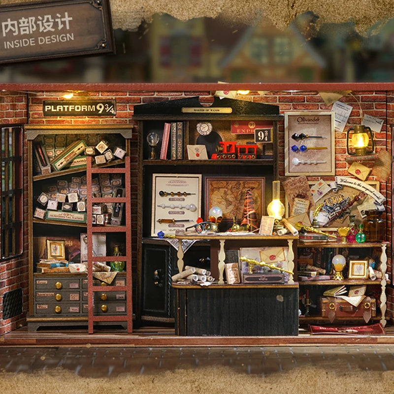 A display of a miniature dollhouse DIY assembly kit featuring cozy bedroom decor set items and various accessories.