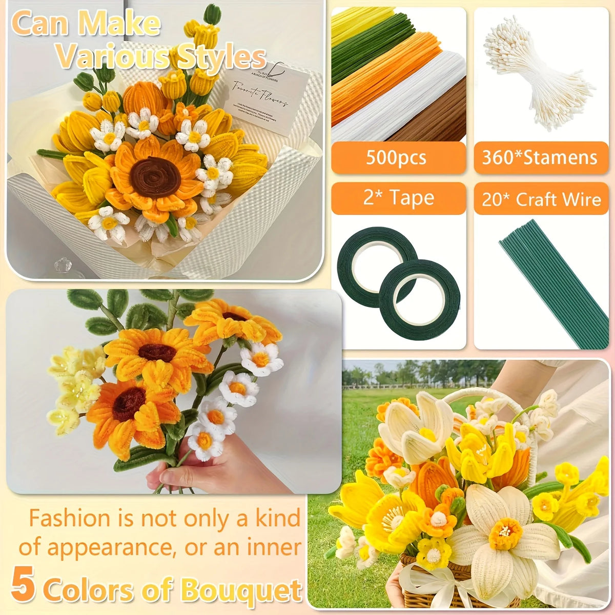 Collection de fleurs jaunes, oranges et blanches faites de cure-dents et de fil de fer pour bouquets DIY.