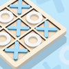 A wooden tic tac toe board game with blue and white crosses and circles is shown from an angle.