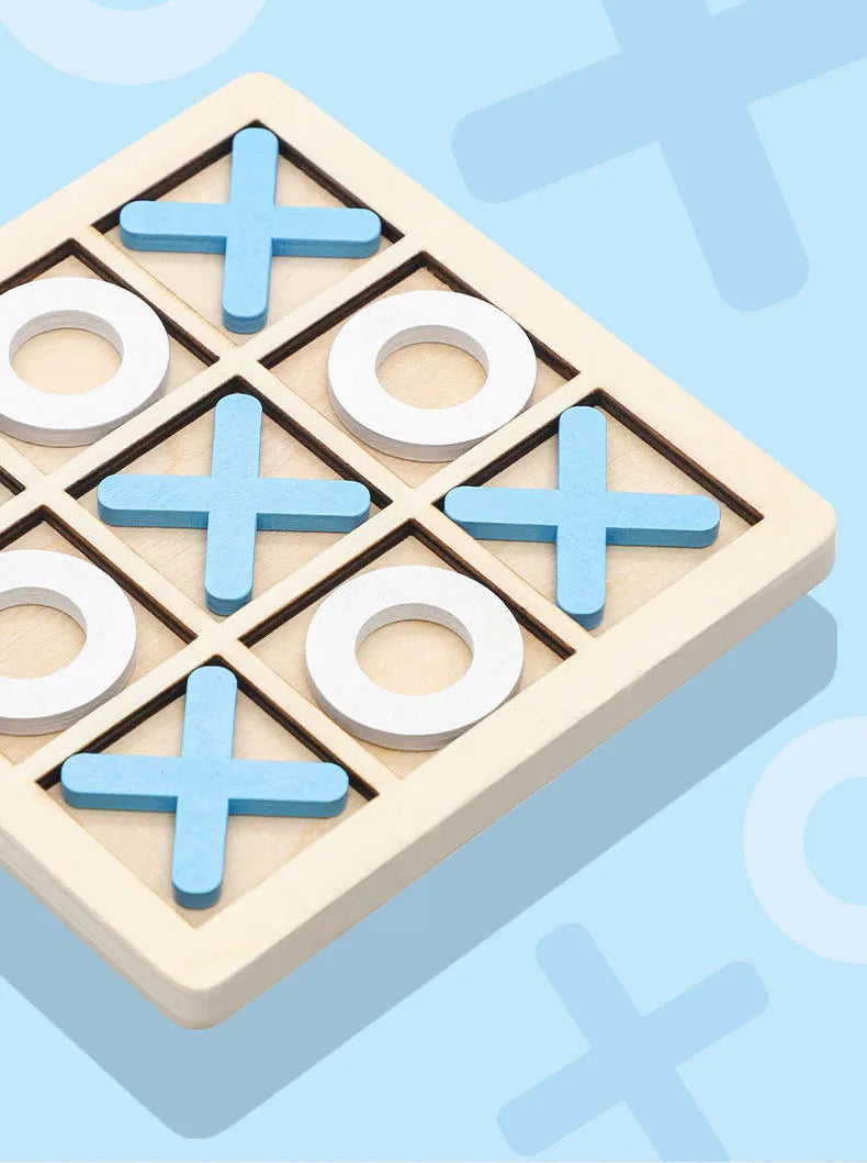 A wooden tic tac toe board game with blue and white crosses and circles is shown from an angle.