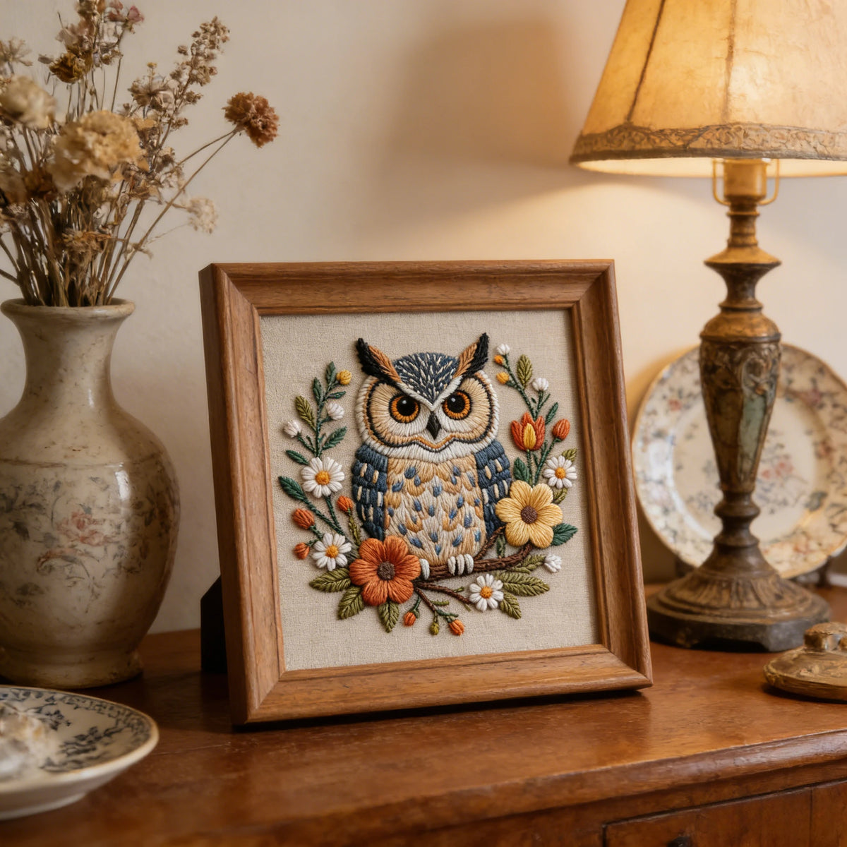 A framed embroidery pattern of an owl with flowers on a beige fabric, displayed next to a lamp.