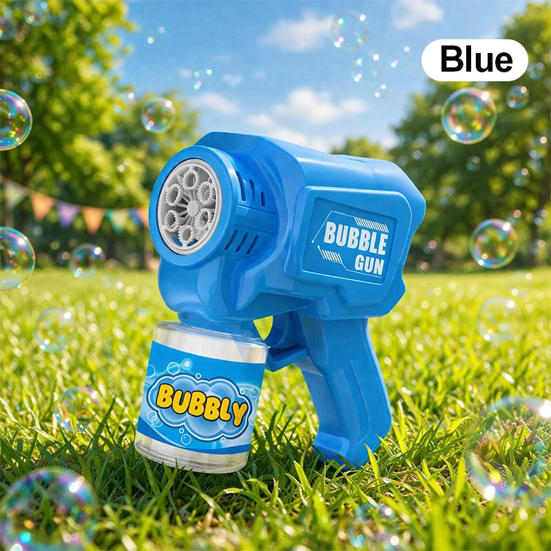 A blue bubble gun is shown on green grass with bubbles floating around.