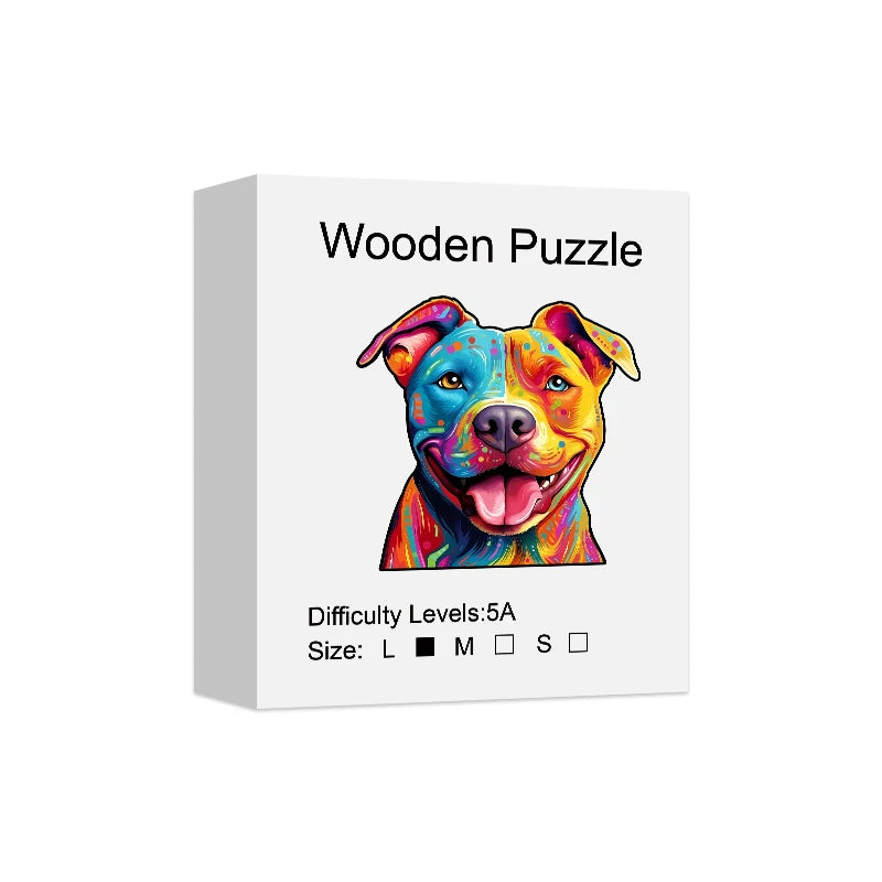 A box for a wooden puzzle featuring a colorful dog face.