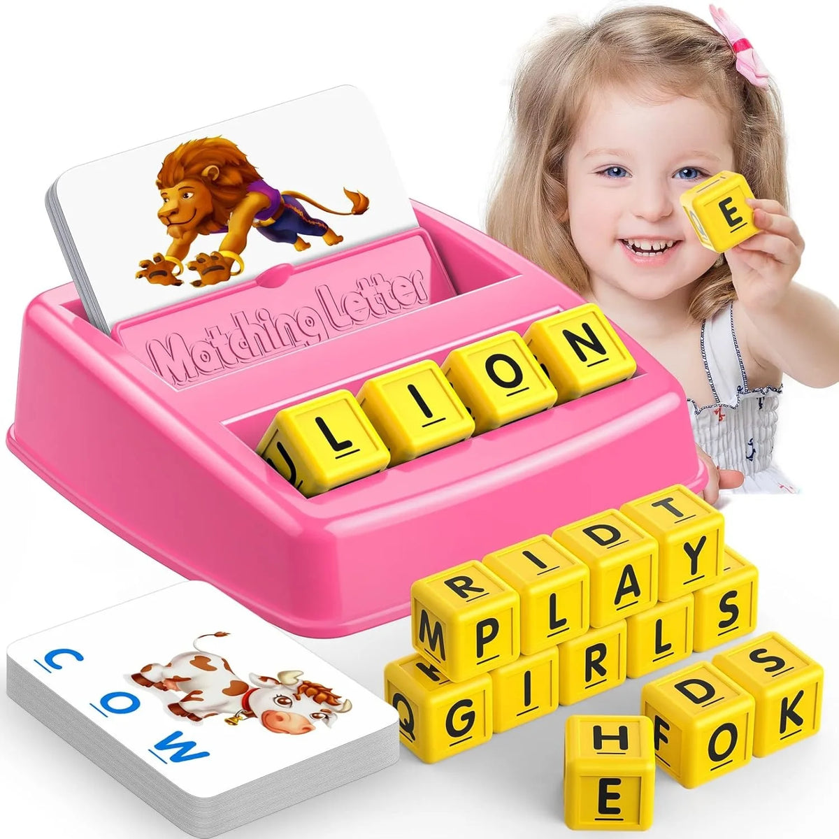 A pink matching letter game set featuring yellow letter blocks and a lion toy for educational spelling practice.