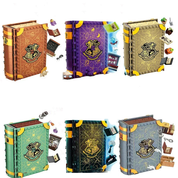 A set of magic book building blocks featuring six enchanted worlds in various colors and designs.