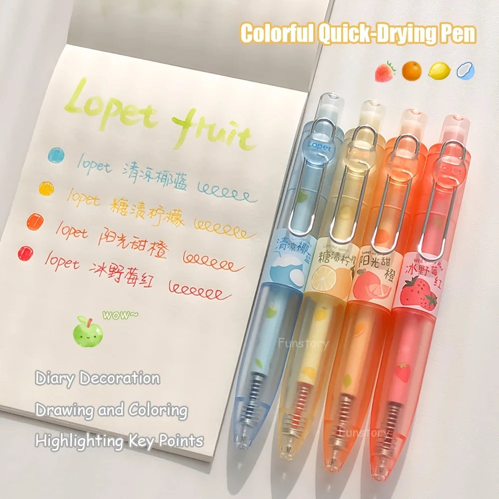 A set of four colorful quick-drying gel pens featuring fruit designs used for diary decoration and drawing.