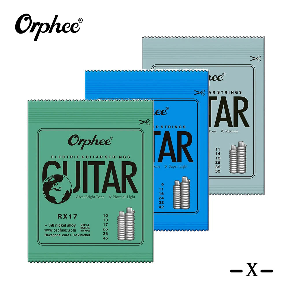 Orphee RX series electric guitar strings in various gauges and colors displayed next to the brand logo