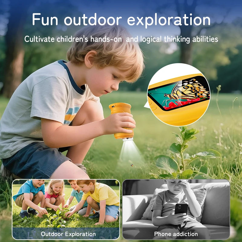 A young boy is using a portable digital microscope for outdoor exploration and science learning.