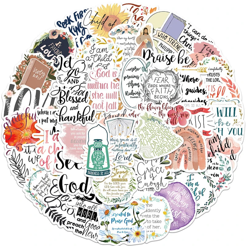 A colorful circular sticker pack featuring various Christian and inspirational phrases and symbols for laptops, diaries, and 