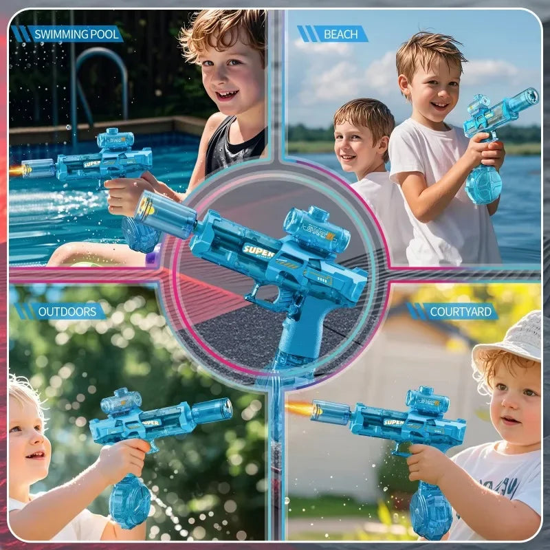 Children playing outdoors and at the beach with blue LED glow water blasters.