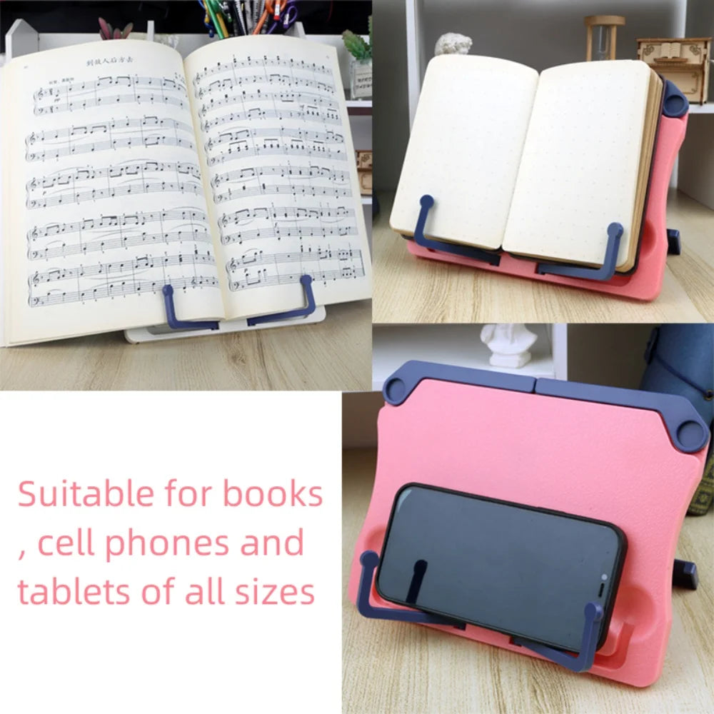A pink adjustable portable book stand holding a tablet, cell phone, or book.