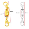 A set of five gold-colored magnetic lobster claw clasps for jewelry making, shown with dimension markings.