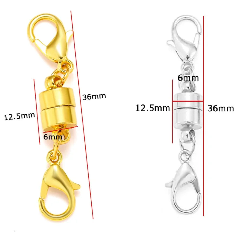 A set of five gold-colored magnetic lobster claw clasps for jewelry making, shown with dimension markings.