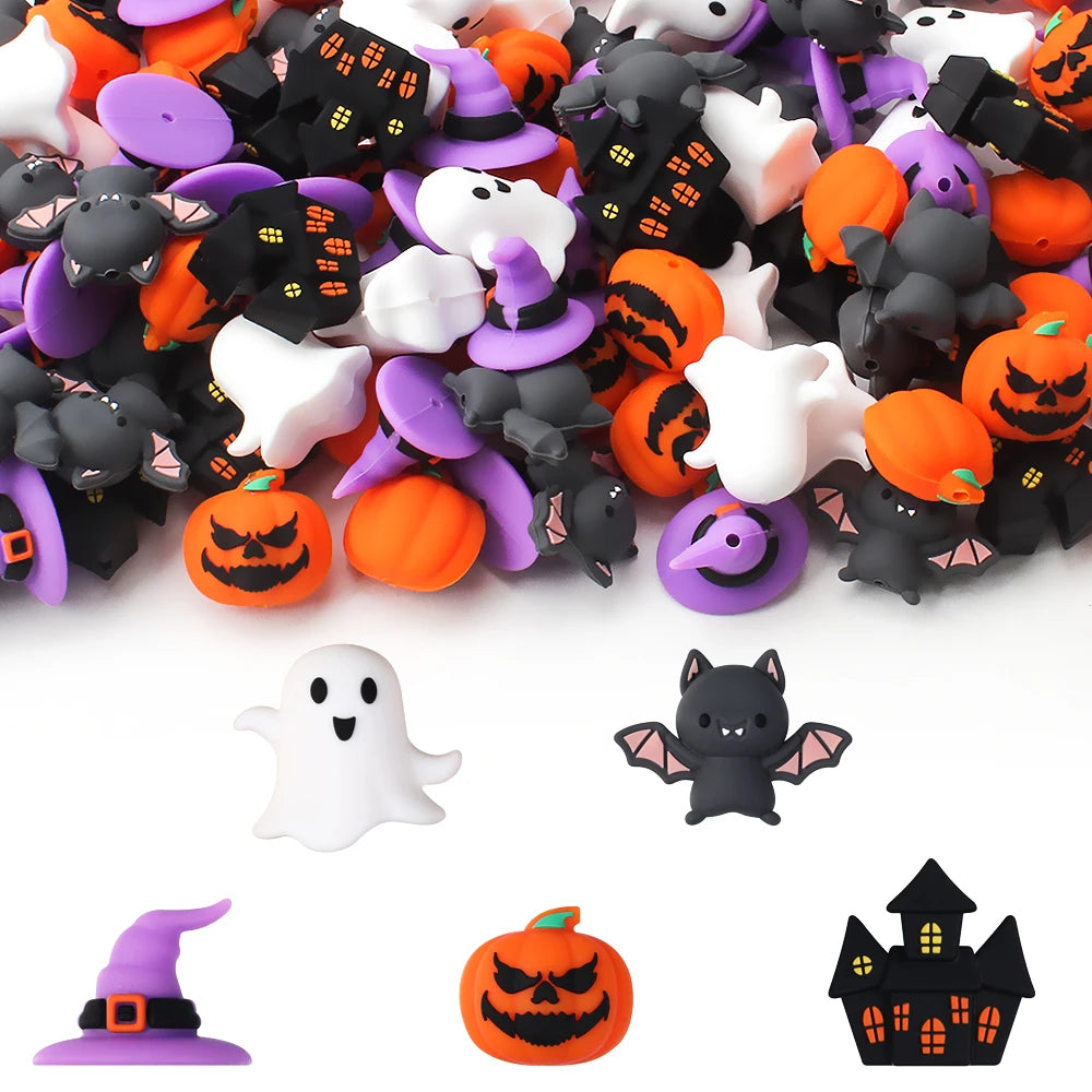 A collection of Halloween silicone beads featuring 3D bat and pumpkin shapes in various colors for jewelry making.