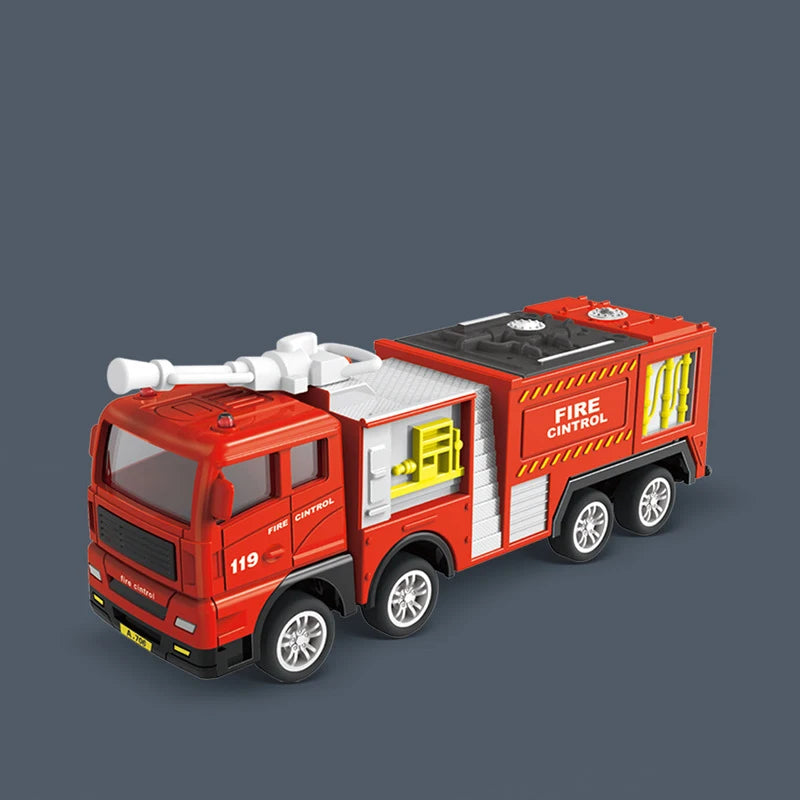 A red pull-back fire truck toy with a movable ladder and yellow accents.