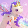 A white unicorn toy is shown next to a bottle of foam with colorful lights, demonstrating 12 bubble outlets.