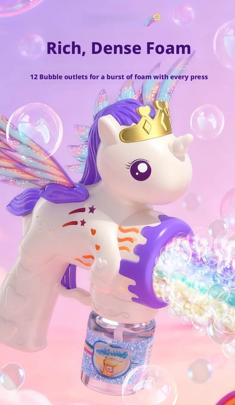 A white unicorn toy is shown next to a bottle of foam with colorful lights, demonstrating 12 bubble outlets.