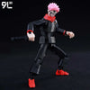 A fully articulated action figure of Yuji Itadori from Jujutsu Kaisen, featuring pink hair and a dark outfit.
