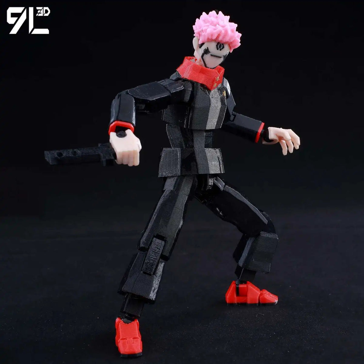 A fully articulated action figure of Yuji Itadori from Jujutsu Kaisen, featuring pink hair and a dark outfit.