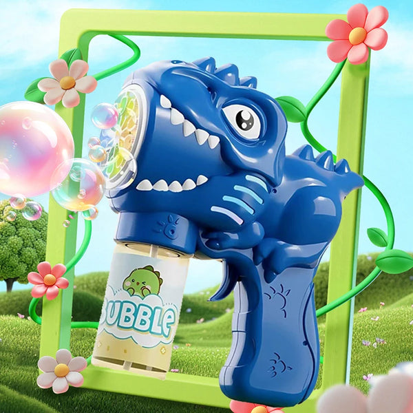 En blå dinosaur-boblepistol med LED-lys i en grøn ramme omgivet af lyserøde og grønne blomster.