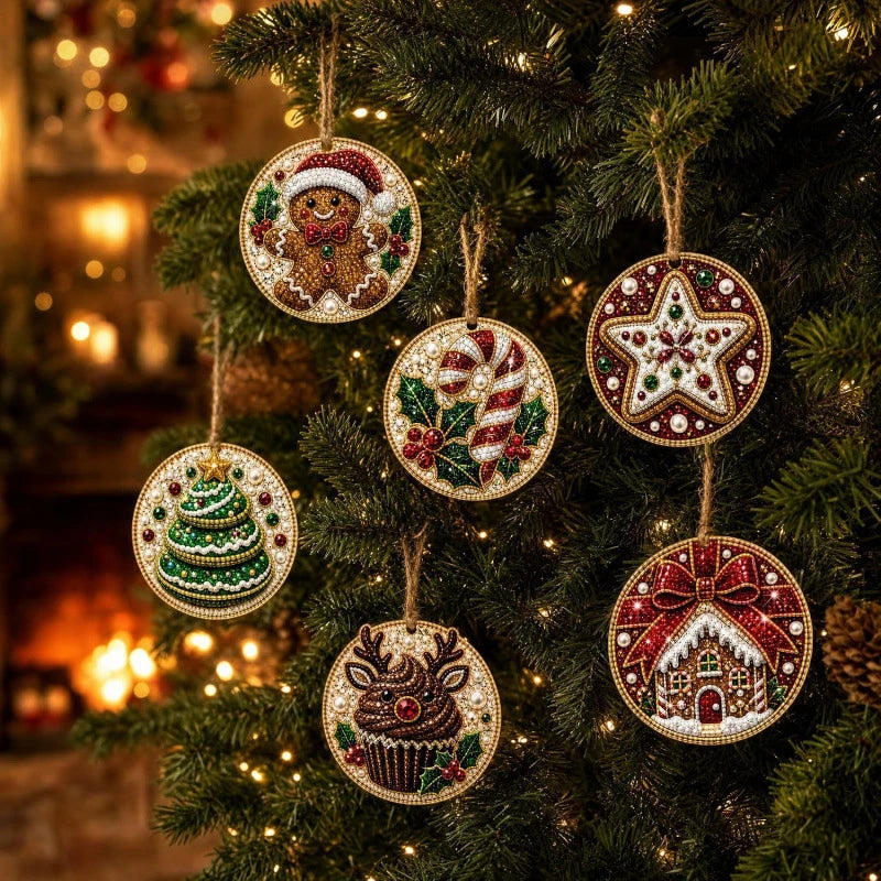 A close-up of various handmade Christmas diamond painting ornaments hanging on a green fir tree.