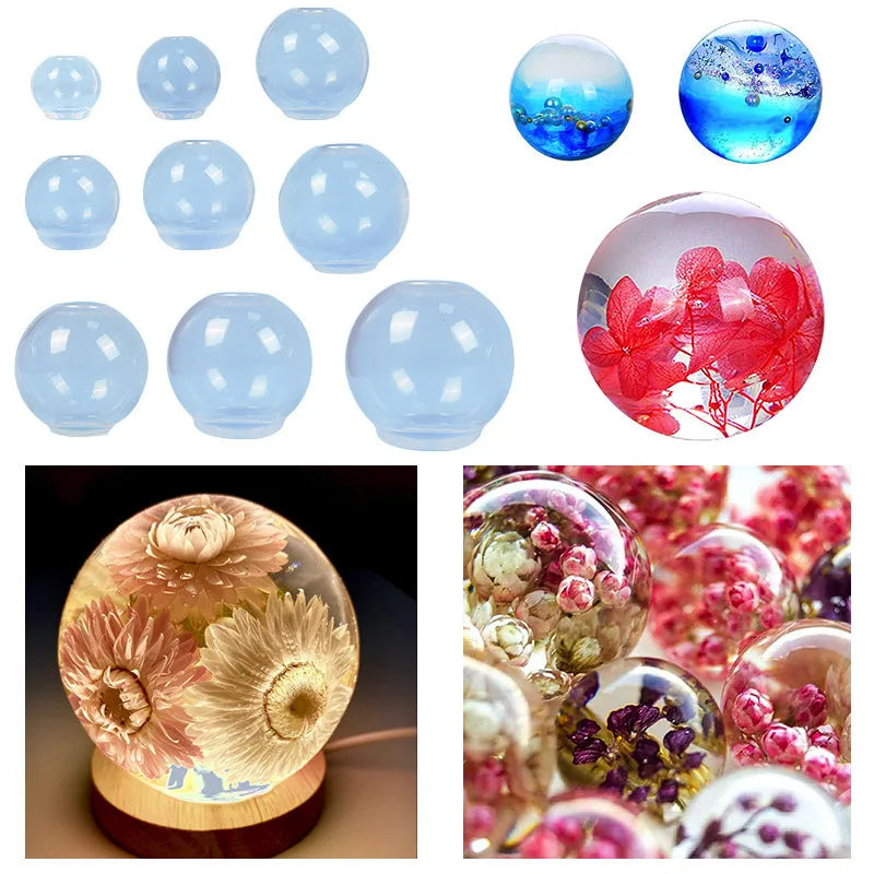 A collection of clear resin casting molds and finished jewelry pieces featuring floral and abstract designs.
