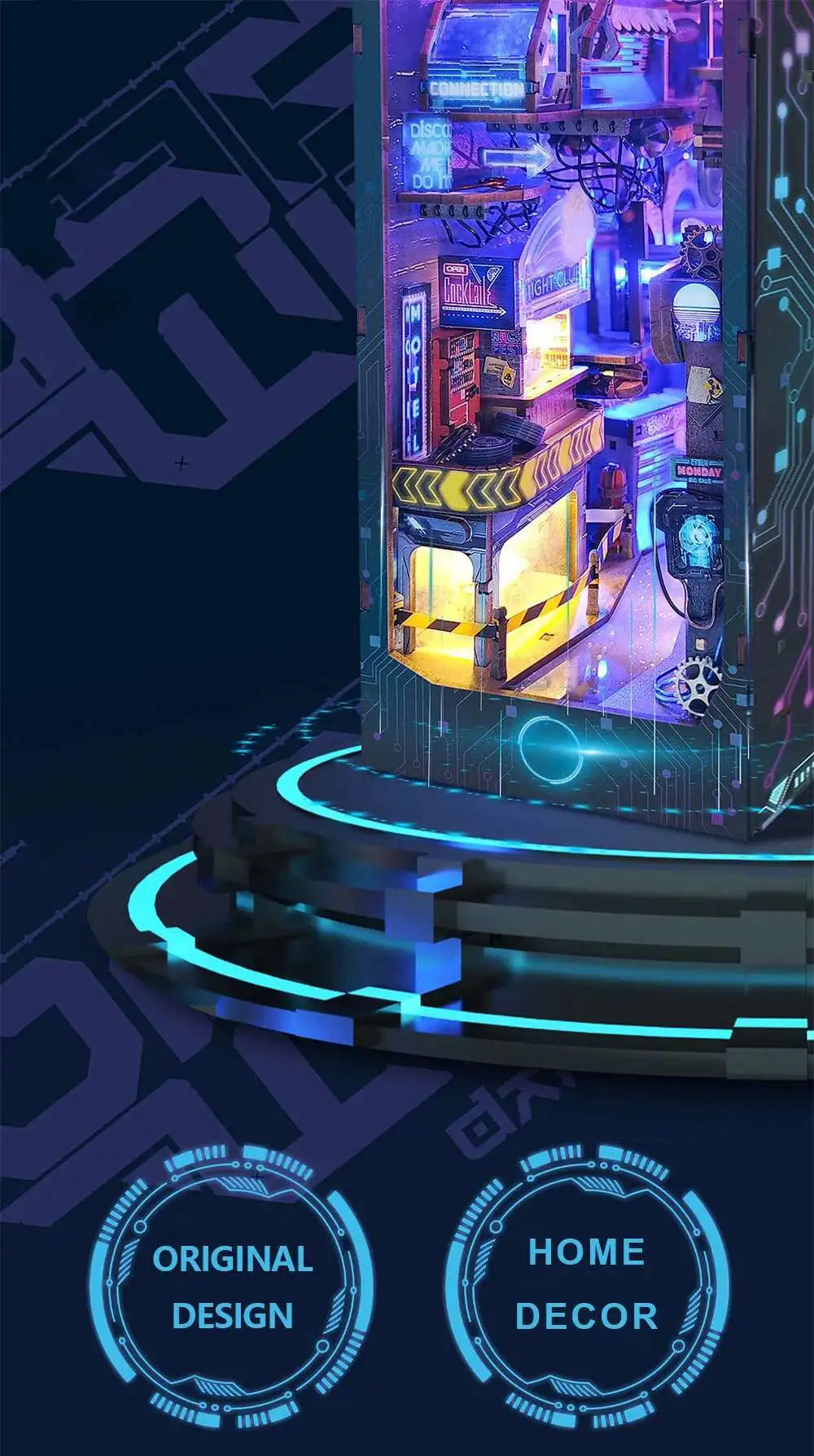 A close-up of a DIY wooden book nook kit featuring an illuminated cyberpunk city scene.