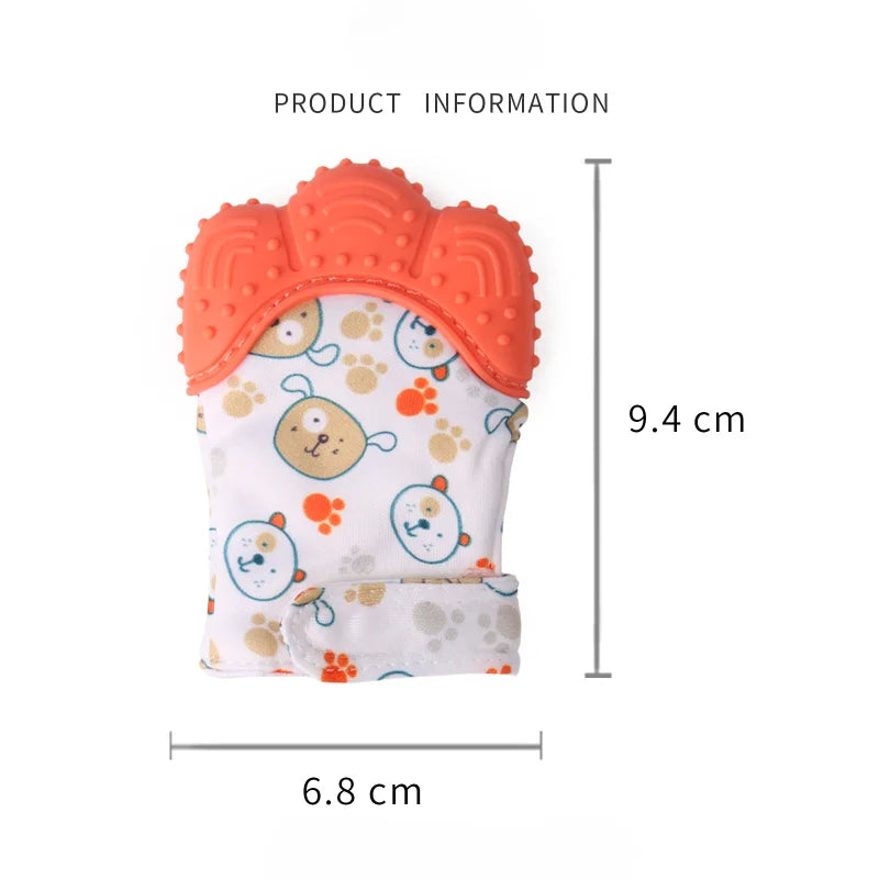 A pair of orange silicone teething mittens with a crown design and white fabric featuring cartoon baby faces.