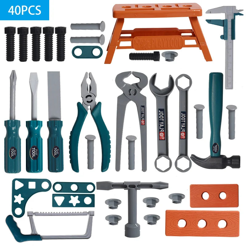 A collection of various tools and construction items including screwdrivers pliers hammers and other repair tools for kids