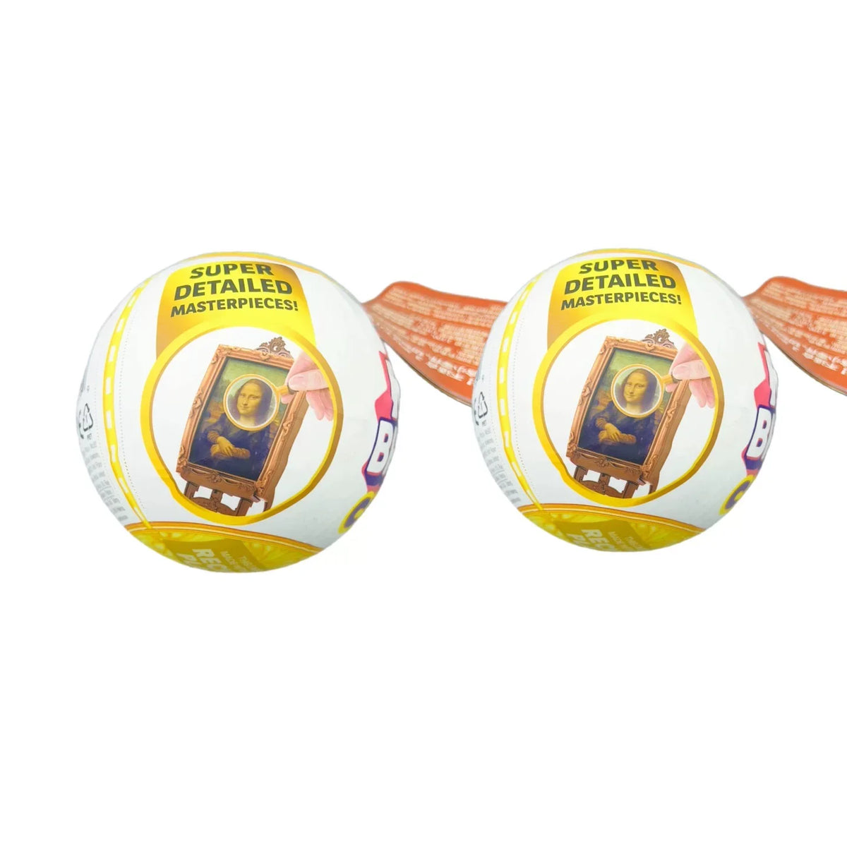 Two yellow ZURU Mini Brands Masterpieces surprise balls with detailed artwork and orange packaging