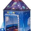 A purple rocket ship pop-up play tent with a starry night sky design for children.