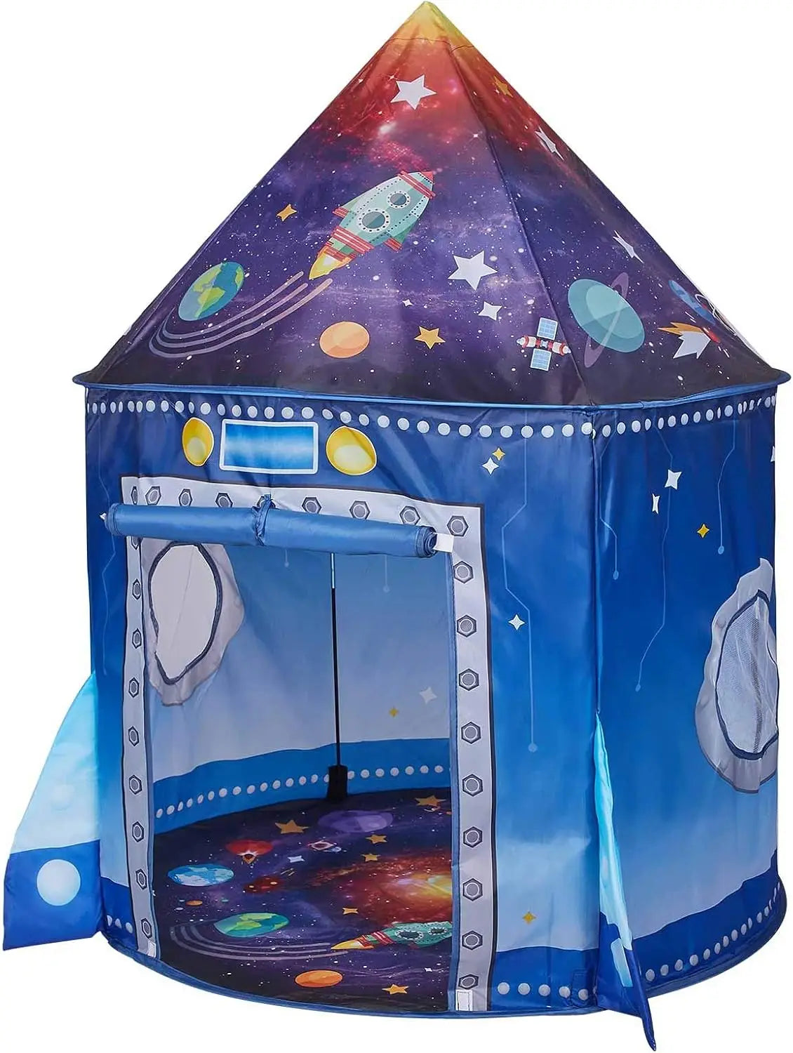 A purple rocket ship pop-up play tent with a starry night sky design for children.