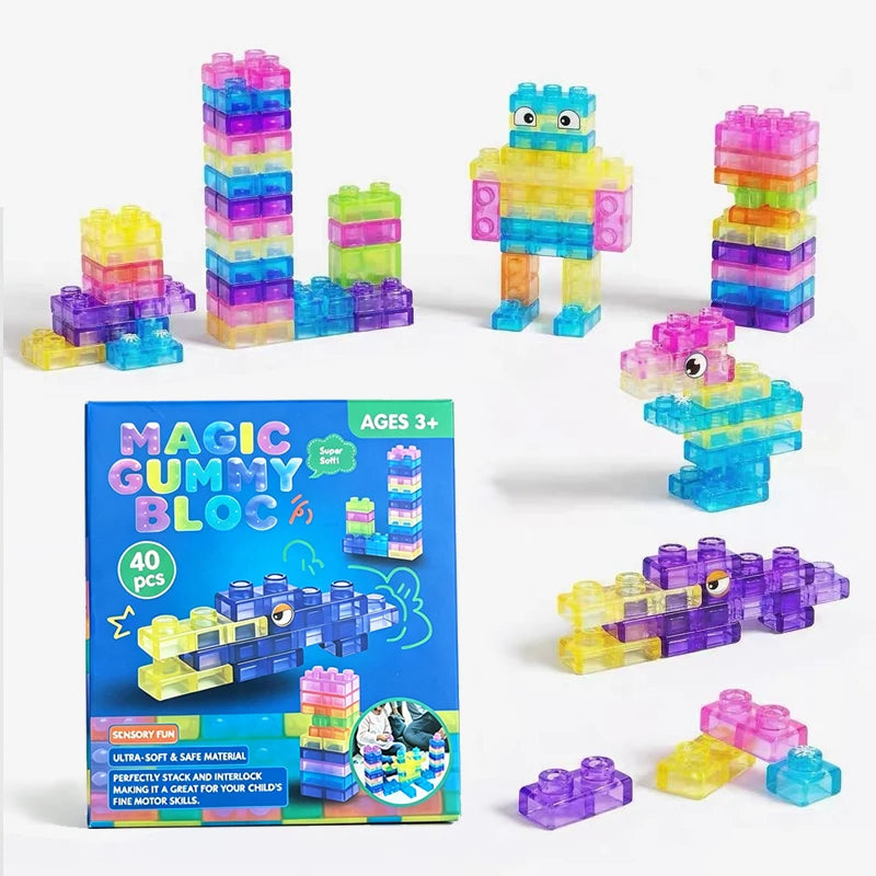 Ein Set bunter magischer Gummiblöcke in verschiedenen Größen und Farben zum sensorischen Spiel.