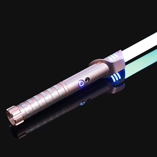 A close-up of an RGB metal lightsaber with a glowing blue blade and metallic handle against a black background.
